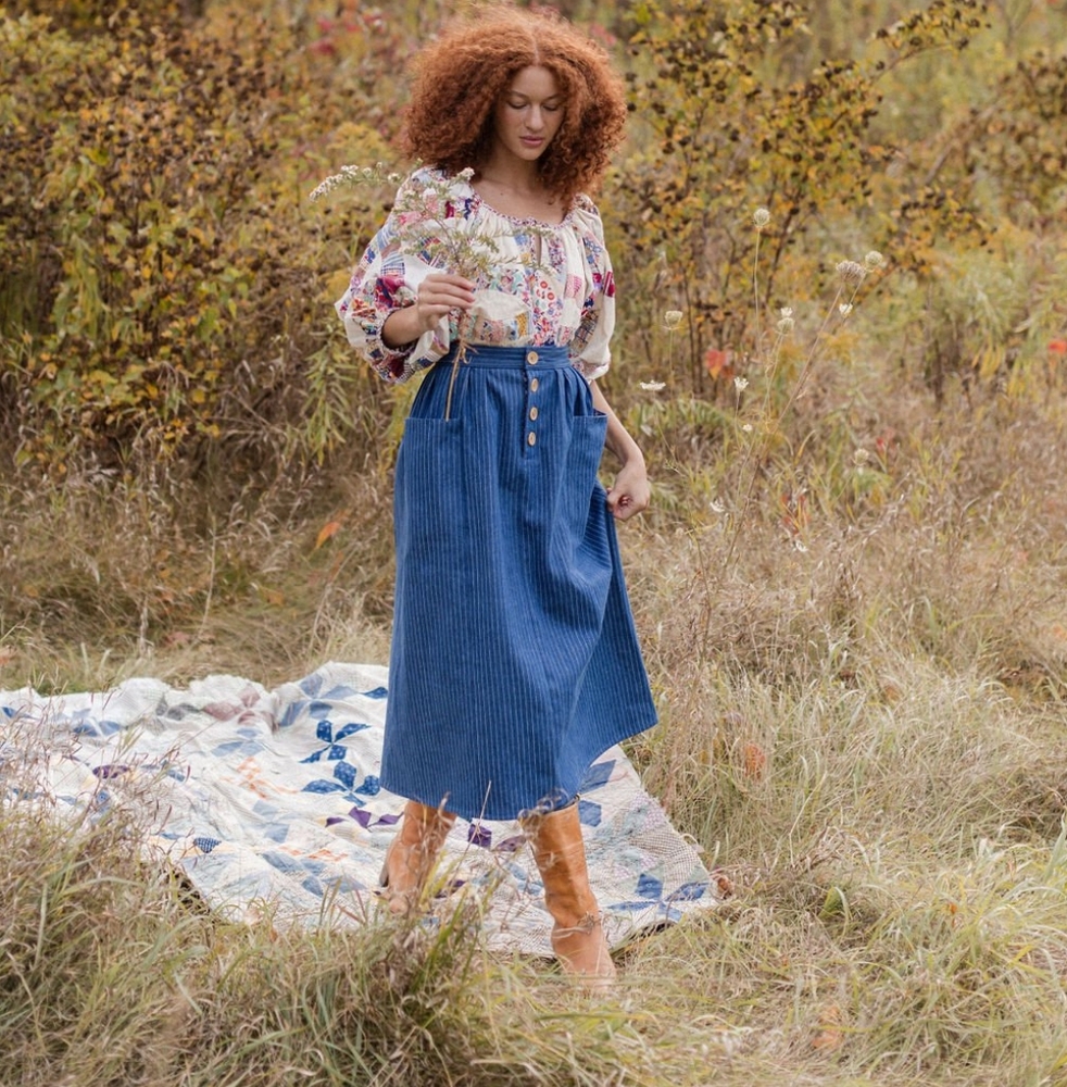 Honeybea Strawflower Skirt in Indigo Pinstripe